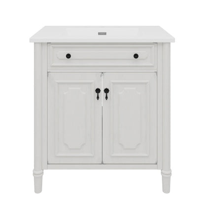 31" Vintage Bathroom Vanity with Sink, Faux Aged Finish, Rustic Bathroom Cabinet with Soft Close Doors and Adjustable Shelf, Curved Profile Design, Rubber Wood Legs, White