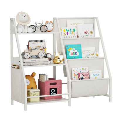 White Montessori Kids Bookshelf Wooden Fabric Combined Anti-Tip Toddler Nursery Book Toy Storage Rack