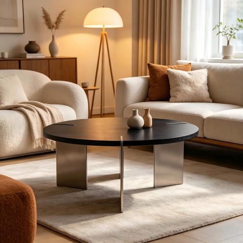Round Coffee Table, Black Oak Top & Metal Feet