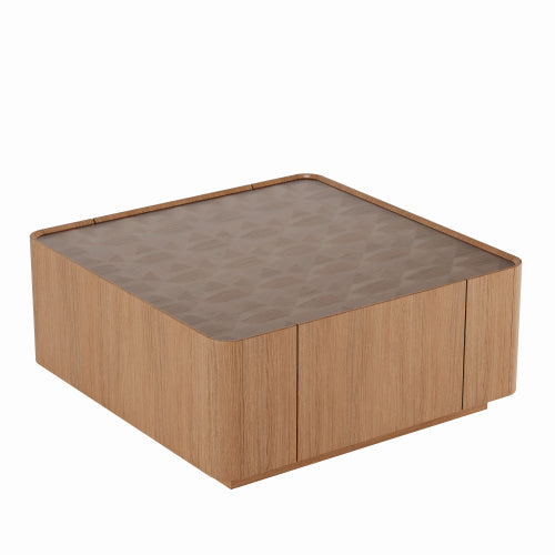 Square Glass Coffee Table Walnut Frame Storage Drawers Modern Living Room Table