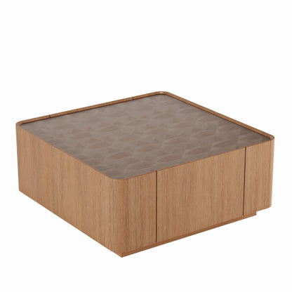 Square Glass Coffee Table Walnut Frame Storage Drawers Modern Living Room Table