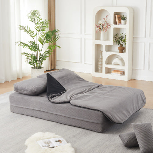 75 inch  Corduroy Convertible Floor Sofa Bed with Built-in Blanket & 4 Pillows