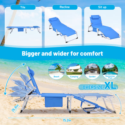 3-in-1 Heavy Duty Tanning Chair with Face Hole Adjustable 5-Position Folding Chaise Lounge Chairs for Outside Portable Lay Flat Beach Lounge Chair for Outdoor