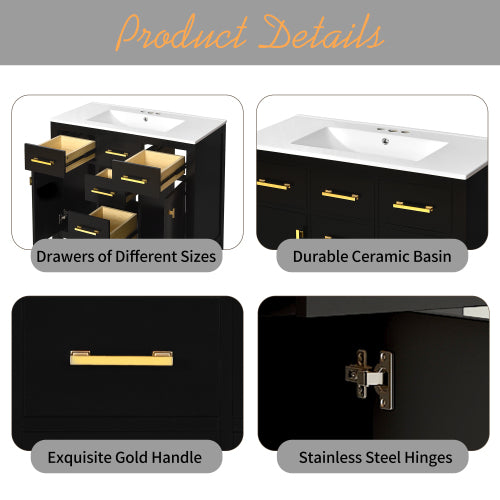 36'' Bathroom Vanity with Ceramic Sink Combo Set,Modern Freestanding Single Bathroom Cabinet with 4 Drawers & 2 Cabinets,Storage Cabinet for Bathroom, Solid Wood Frame Vanity Set, Black