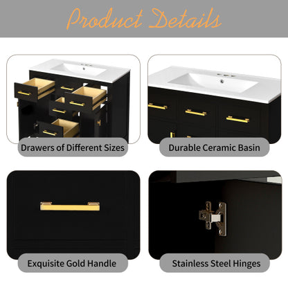 36'' Bathroom Vanity with Ceramic Sink Combo Set,Modern Freestanding Single Bathroom Cabinet with 4 Drawers & 2 Cabinets,Storage Cabinet for Bathroom, Solid Wood Frame Vanity Set, Black