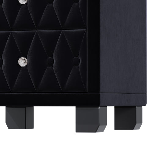 Elegant Velvet Nightstand with 2 Drawers and Crystal Handle, Storage Bedside Table with Button-Tufted, Black