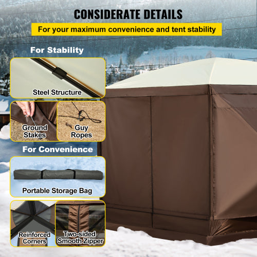 Camping Gazebo Tent, 10'x10', 6 Sided Pop-up Canopy Screen Tent for 8 Person Camping, Waterproof Screen Shelter w/Portable Storage Bag, Ground Stakes, Mesh Windows, Brown & Beige