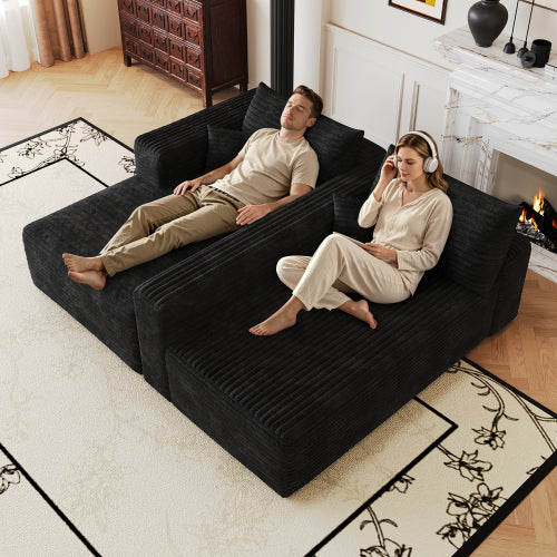 103 inch  Black Plush Corduroy L-Shape Cloud Modular Sofa, No Assembly