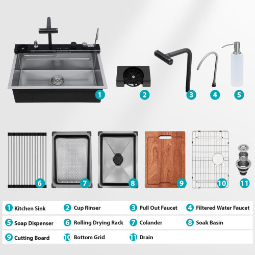 30" Kitchen Sink Waterfall Sink - 30 x 19 x 9 inch Multifunction Single Bowl 16 Gauge Stainless Steel Ledge Workstation Smart Digital Features Top Mount Kitchen Sinks