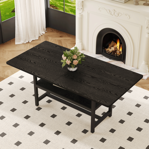 71-Inch Black Wood Grain Dining Table with Storage Shelf
