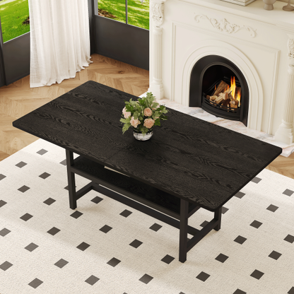 71-Inch Black Wood Grain Dining Table with Storage Shelf