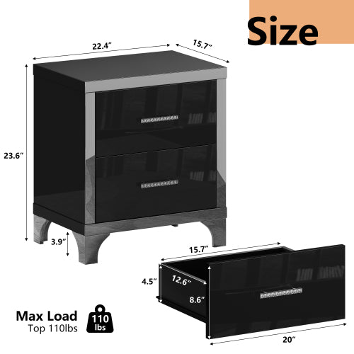 High Gloss Mirrored Nightstand with 2 Drawers,Modern End Table with Drawers,Mirrored High Gloss Wood Nightstand Metal Handle Bedside End Table for Bedroom, Dorm,Living Room,Black