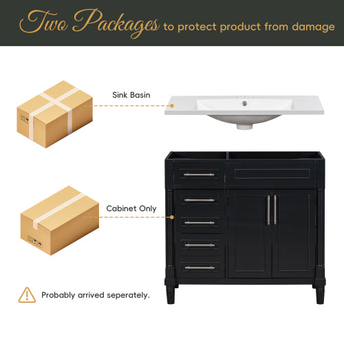 36'' Bathroom Vanity with Top Resin Sink, Freestanding Bathroom Storage Cabinet with 2 Drawers and a Tip-out Drawer, Solid Wood Frame Vanity Set, Height Adjustable Shelf
