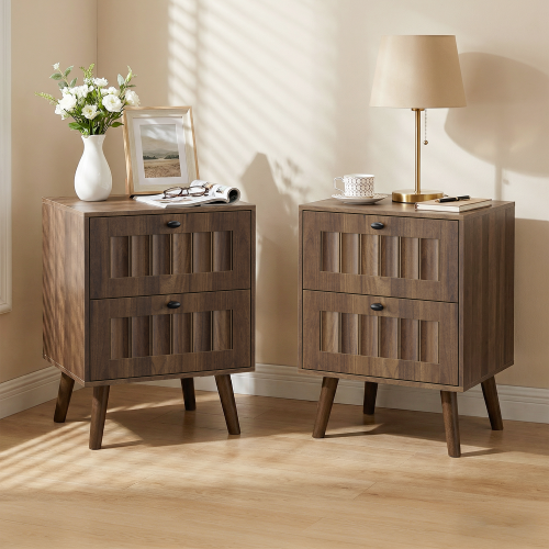 2-Pack Walnut Medieval Retro Nightstand, 2 Drawers with Solid Wood Legs & Silent Slides