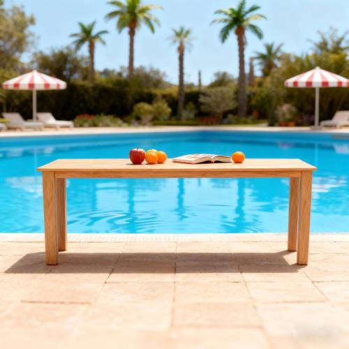 A wooden-textured imitation wood dining table, simple yet with a high quality feel. It has a small tabletop and is perfect for outdoor picnics. It is made of teak wood, measuring 68.9 inches.