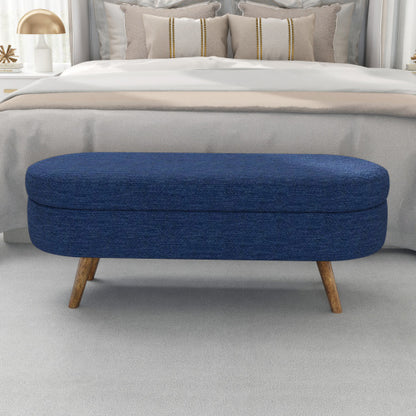 Blue Oval Linen Storage Ottoman Bench with Rubber Wood Legs, Upholstered Footrest 43.5 inch x16 inch x16 inch, 250 LBS Capacity