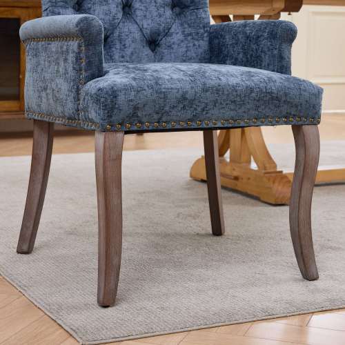 Upholstered Chenille Arm Dining Chair, Tufted Accent Chair with Curved Solid Wood Legs, Blue, Single Pack