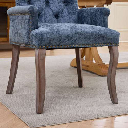 Upholstered Chenille Arm Dining Chair, Tufted Accent Chair with Curved Solid Wood Legs, Blue, Single Pack