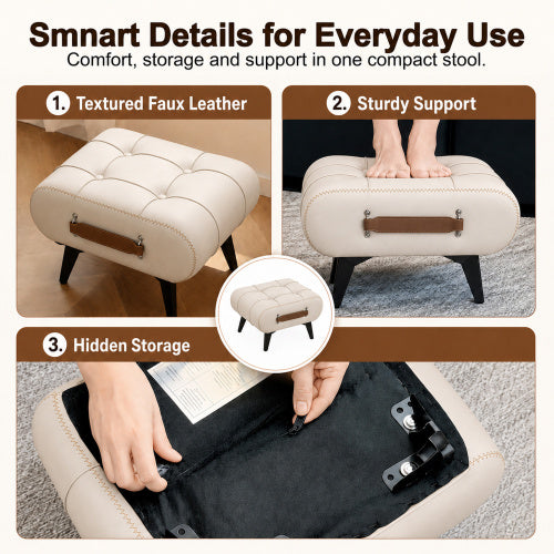 Square Faux Leather Tufted Storage Ottoman with Handles & Metal Legs, Multi-Purpose Footrest for Small Space Homes
