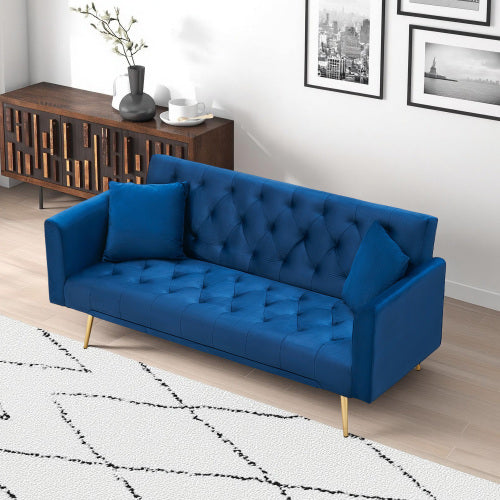 71 Inch American Retro Blue Velvet Convertible Love Seat Sofa Bed for Small Living Room Bedroom Office