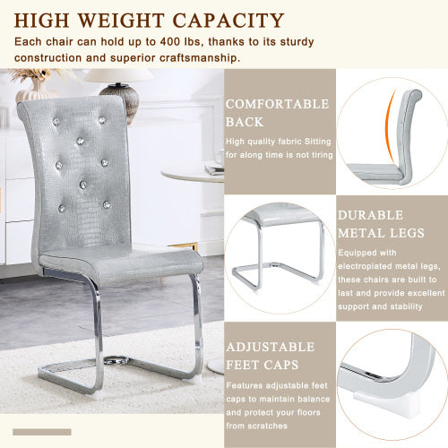Set of 2 Retro Alligator Skin Faux Leather Dining Chairs, Crystal Buckle Design with Electroplated Metal Bow Legs