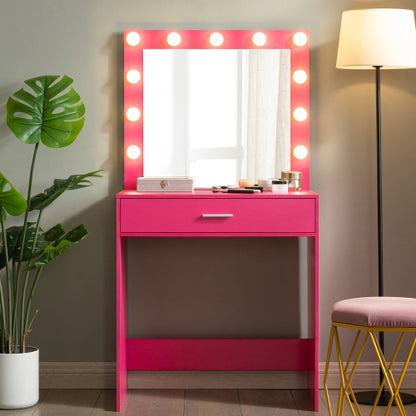 Pink Vanity Desk with Mirror and Lights, 11 LED Bulbs, Large Drawer, 3 Lighting Modes, Bedroom