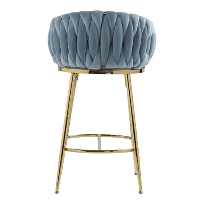 26inch  Counter height bar stools Set of 2 kitchen island counter bar stool with hand- wave back, golden chromed base and footrest(BLUE)