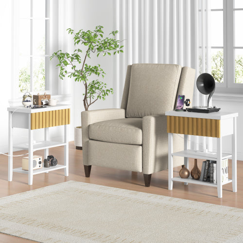 Set of 2 Fluted Nightstands with Charging Station, Farmhouse Side Table with Drawer and Open Shelves