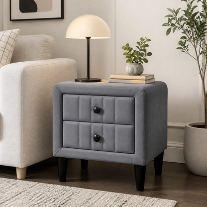 Gray Velvet Upholstered 2-Drawer Nightstand, Wood Frame & Black Legs, 20inchW