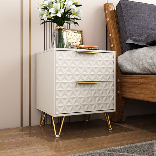 set of 2 nightstand with Light-Luxury Wall-Mounted Cabinet: 2 Drawers, Bottom support rail , Gold Legs & Handles, 3D Embossed, for Bedroom/Living Room/Office