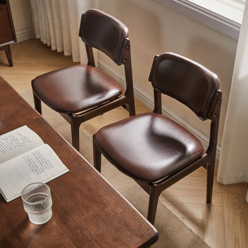 Single Brown PU Leather Armless Dining Side Chair, Solid Wood Walnut Frame, Ergonomic Open Back for Dining Room, Cafe & Office