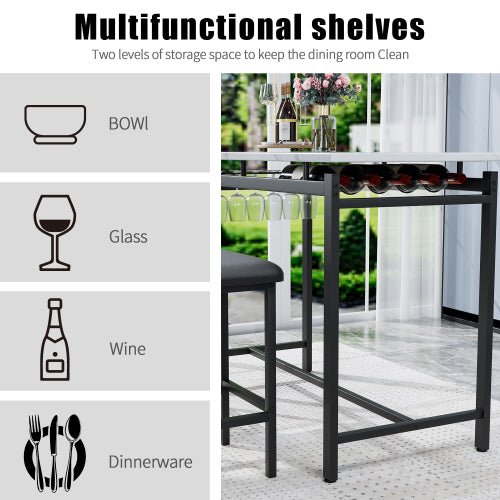 3-Piece Rustic Black Bar Set, Marble Surface Table & 2 Grey PU Chairs