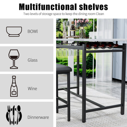 3-Piece Rustic Black Bar Set, Marble Surface Table & 2 Grey PU Chairs