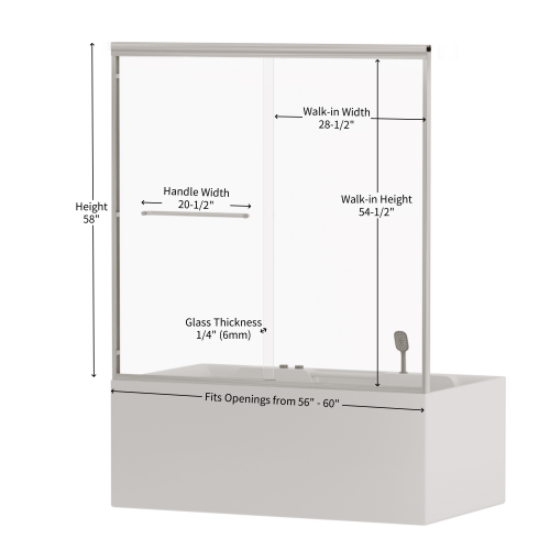 56"-60" W x 58" H Double Sliding Bathtub Shower Door, Semi-Frameless Bypass Tub Door, 1/4" (6mm) Tempered Glass with Explosion-Proof Film, Adjustable Aluminum Alloy Frame, Brushed Nickel 24D03-T60BNX