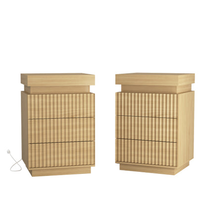 2 Pack Natural Nightstand, Sliding Top Charging Station & RGB LED with Fluted Drawers