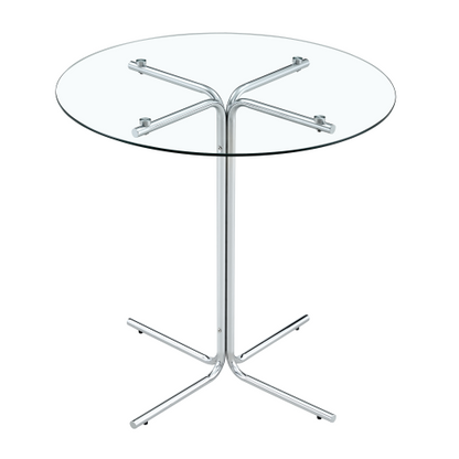 Round glass bar high table, 36 inch round bar table, tempered glass tabletop, sturdy silver chrome plated four column support, suitable for transparent round bar tables in small spaces, kitchens