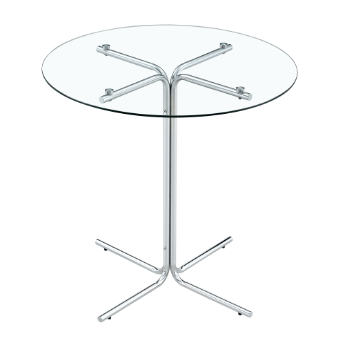 Round glass bar high table, 36 inch round bar table, tempered glass tabletop, sturdy silver chrome plated four column support, suitable for transparent round bar tables in small spaces, kitchens