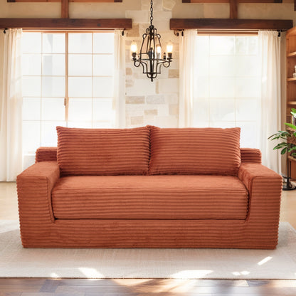 Orange Memory-Foam Convertible Compression Loveseat Sofa-Bed Corduroy No-Assembly Couch for Small Apartment