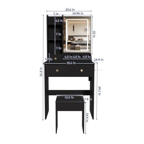 Black Small Vanity Desk w/ LED Mirror, 3 Drawers, Open Shelves, Power Socket, Hair Dryer Holder & Dressing Chair