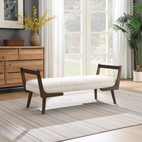 52 inch Beige Chenille Mid-Century Bench Ottoman, Walnut Wood Leg Upholstered Foot Stool, 300 LBS Capacity