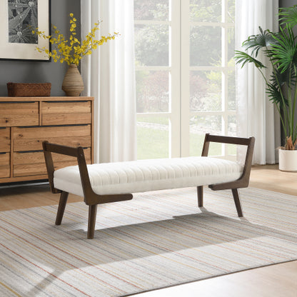 52 inch Beige Chenille Mid-Century Bench Ottoman, Walnut Wood Leg Upholstered Foot Stool, 300 LBS Capacity