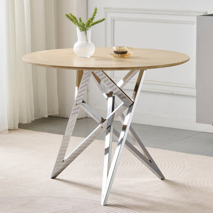 Small Round Dining Table with Silver Metal Legs, Burlywood