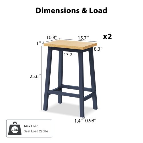 Set of 2 Navy Blue Solid Wood A-Frame Counter Bar Stools, 25.6 inch  Height, Footrest, 220lbs Capacity
