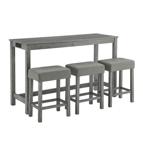 59 Inch Bar Table, Dining Table, Sofa Table with Power Outlet, 3 Upholstered Stools, 4 Piece Bar Table and Chair Set for Living Room, Dining Room, Kitchen