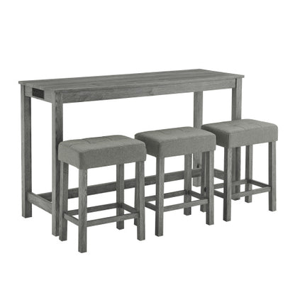 59 Inch Bar Table, Dining Table, Sofa Table with Power Outlet, 3 Upholstered Stools, 4 Piece Bar Table and Chair Set for Living Room, Dining Room, Kitchen