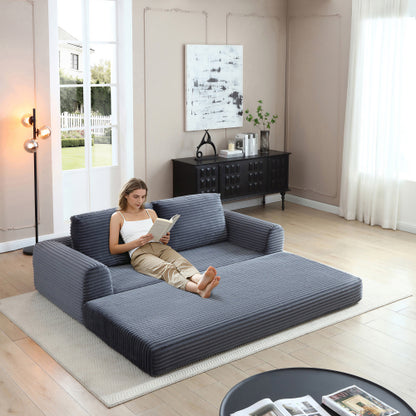 Grey Corduroy Boneless Folding Convertible Sofa-Bed Futon with 2 Pillows, No-Assembly Modular Pull-Out Sleeper Couch