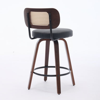 Set of 2 Counter Height Bar Stools - 26 inch Rattan Counter Height Stools with Cane Back, Upholstered Seat, Walnut Craftsmanship, Swivel Counter Stools for Island/Kitchen/Counter/Bar (Walnut Black)
