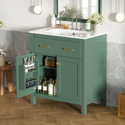 30-inch Bathroom Vanity with Ceramic Sink, Modern Green Single Bathroom Cabinet with 2 Doors and a Shelf, Soft Close Doors