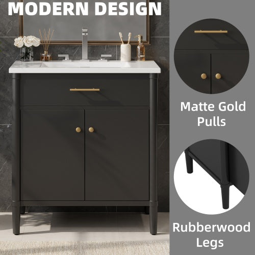 31" Bathroom Vanity with Sink, Bathroom Cabinet with Soft Close Doors and Adjustable Shelf, Curved Profile Design, Rubber Wood Legs, Black
