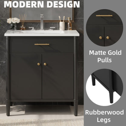31" Bathroom Vanity with Sink, Bathroom Cabinet with Soft Close Doors and Adjustable Shelf, Curved Profile Design, Rubber Wood Legs, Black